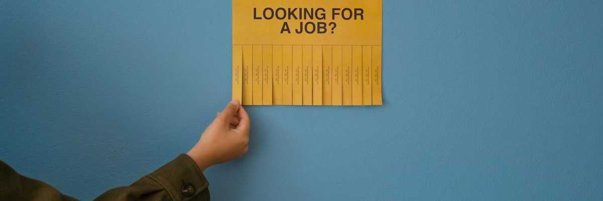 Yellow job posting "LOOKING FOR A JOB?" with tear-off phone number strips